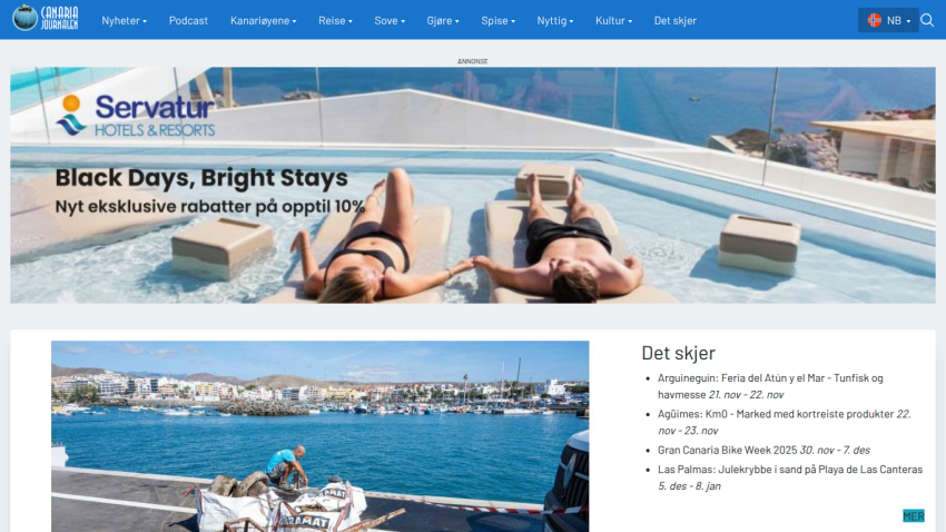 News website with navigation menu, promotional banner for Servatur Hotels & Resorts, and upcoming events list