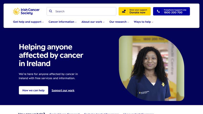 Irish Cancer Society homepage offering free services and support for anyone affected by cancer in Ireland with donation and support options