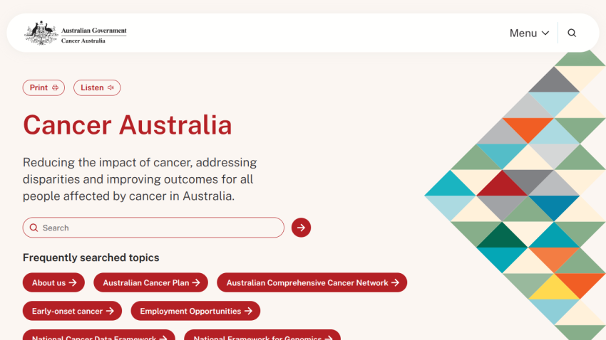 Cancer Australia homepage with mission statement and frequently searched topics including About us and Australian Cancer Plan