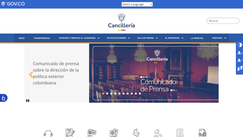 Homepage of Cancillería with a press release section and navigation menu.