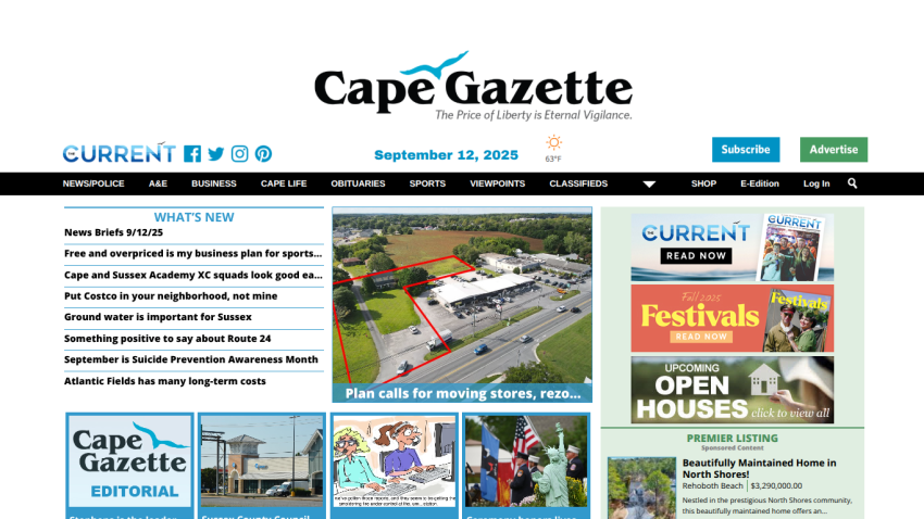 Cape Gazette homepage featuring news headlines and upcoming events.