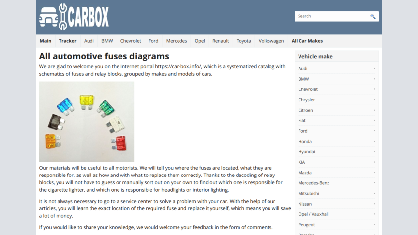 Carbox website offering automotive fuse diagrams and schematics by car make with navigation and search