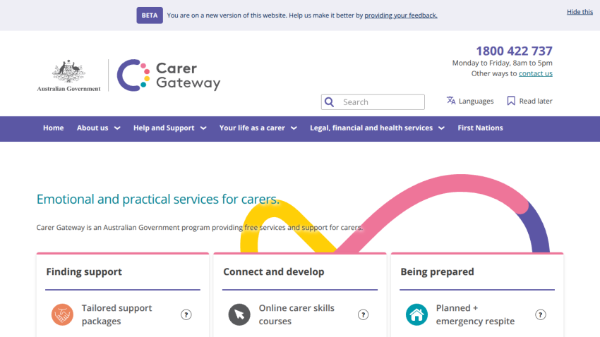 Carer Gateway website offering emotional and practical services for carers with support categories and contact info