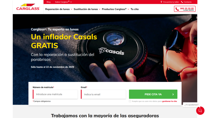 Carglass offers a free Casals inflator with windshield repair or replacement, includes form to request appointment