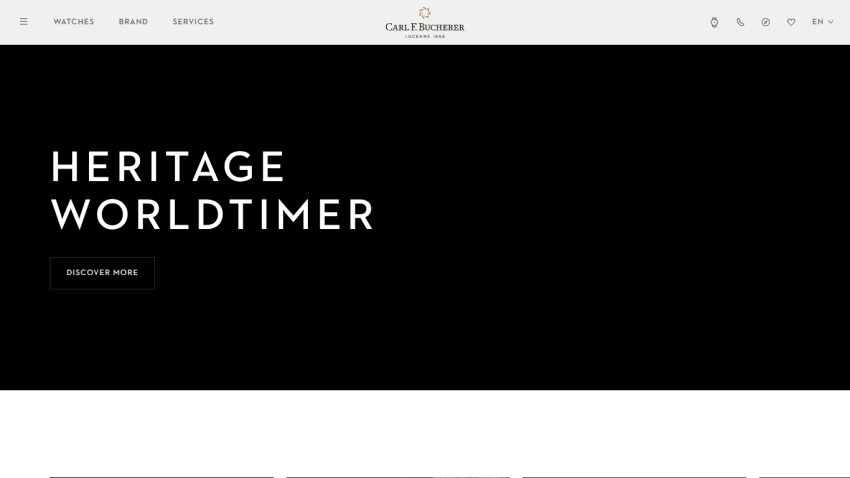 Luxury watch brand Carl F. Bucherer homepage featuring Heritage Worldtimer with discover more button