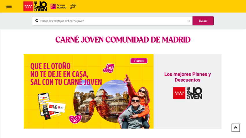 Carné Joven Comunidad de Madrid homepage with autumn promotion, search bar, and discount plans information.