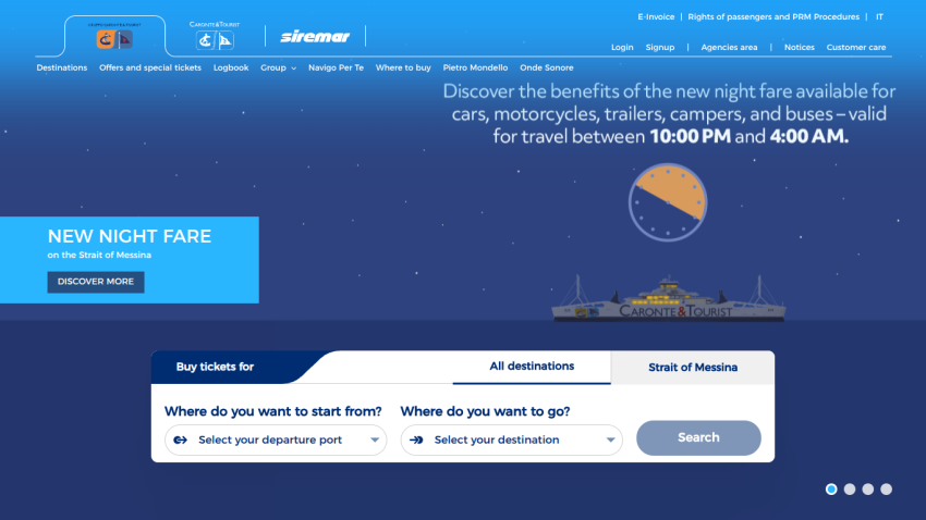 Ferry service homepage promoting new night fare for vehicles with ticket search for departure and destination ports