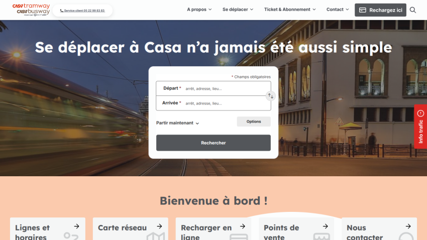 Public transit site with search form for departure and arrival locations, navigation menu, and welcome message