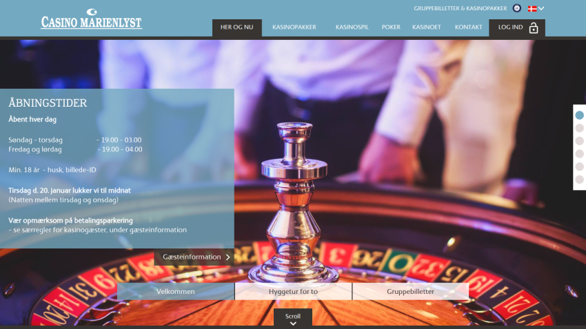 Casino website showing roulette table and opening hours information.