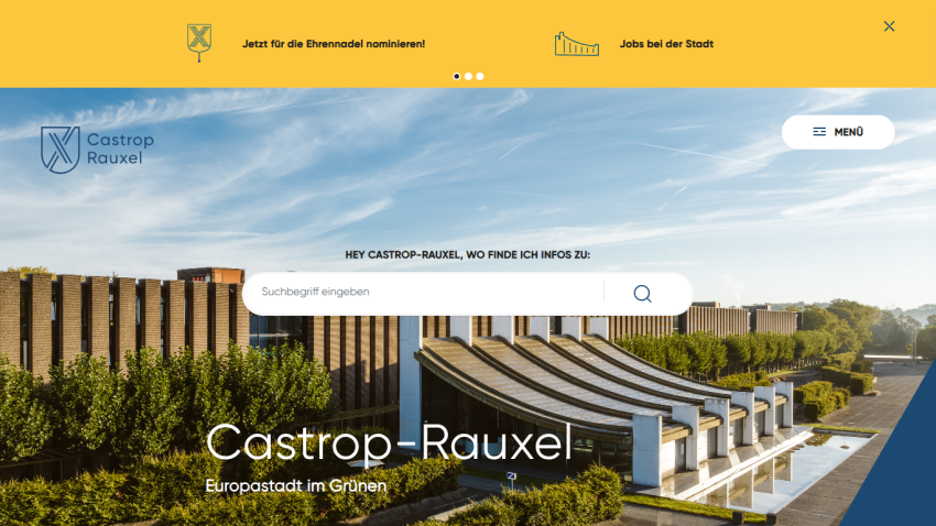 City of Castrop-Rauxel website with search bar and slogan Europastadt im Grünen over city building and blue sky