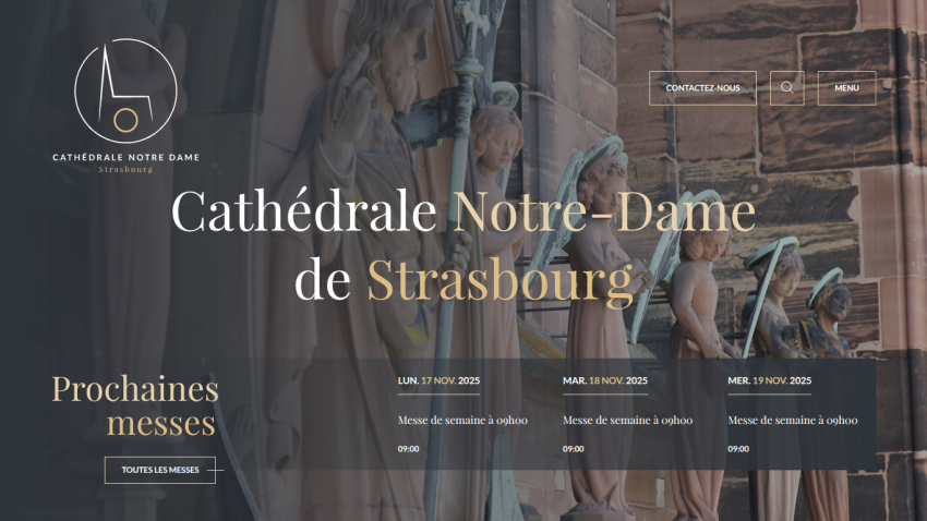 Homepage of Cathédrale Notre-Dame de Strasbourg showing upcoming mass schedule and navigation options