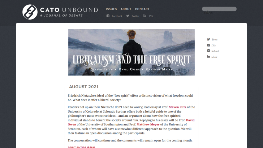 Cato Unbound journal homepage featuring an article titled 'Liberalism and the Free Spirit'.