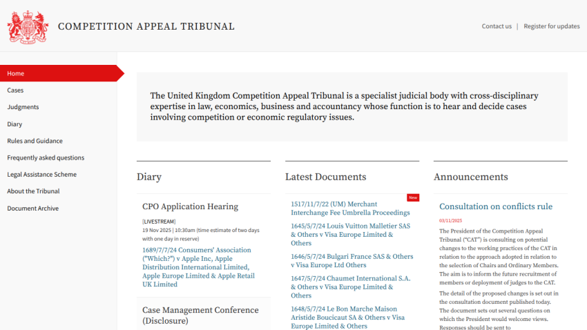United Kingdom Competition Appeal Tribunal homepage with navigation menu, case information, latest documents, and announcements.
