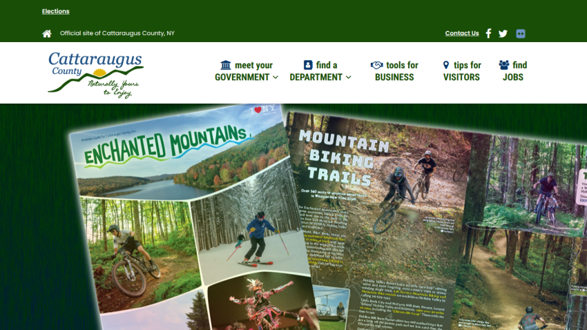 Cattaraugus County official site with navigation and promotional images of outdoor activities like mountain biking and skiing