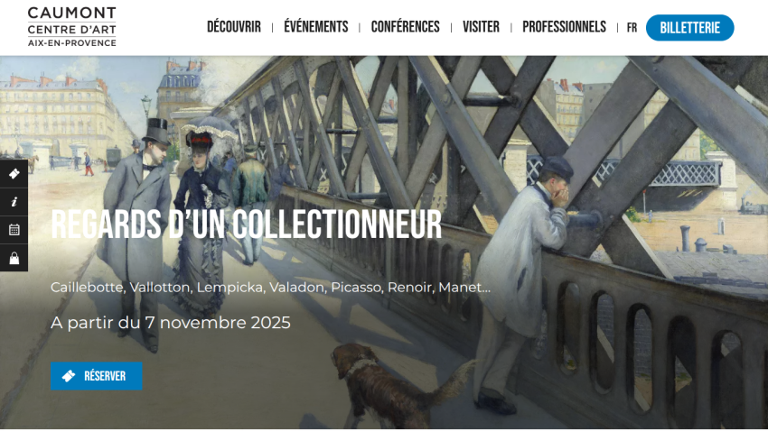 Caumont Centre d'Art exhibition announcement for 'Regards d'un Collectionneur' starting November 7, 2025, with artist names and reservation button