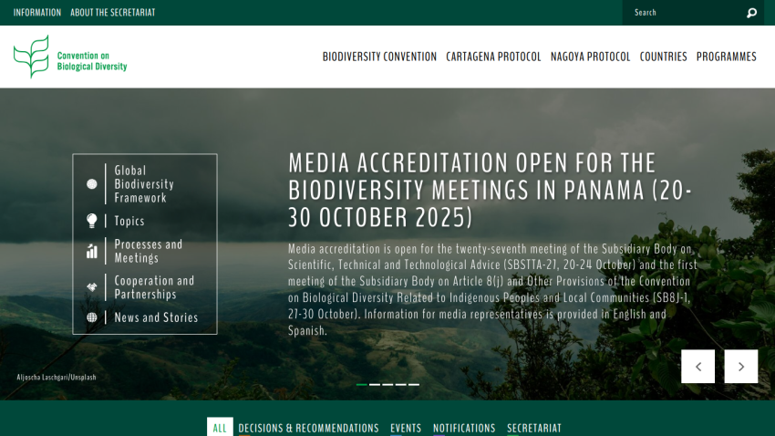 Media accreditation announcement for biodiversity meetings in Panama, with navigation links.