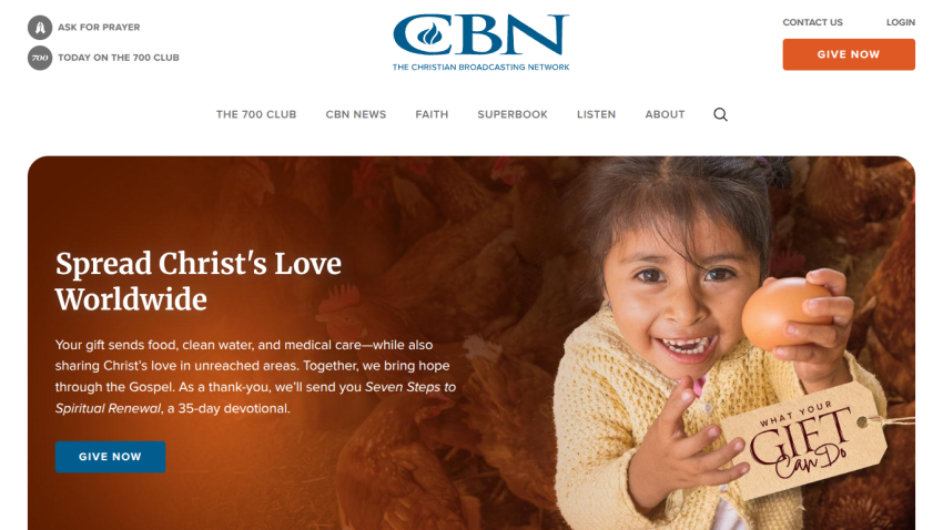 Christian Broadcasting Network homepage with a call to spread Christ's love worldwide and a donation button