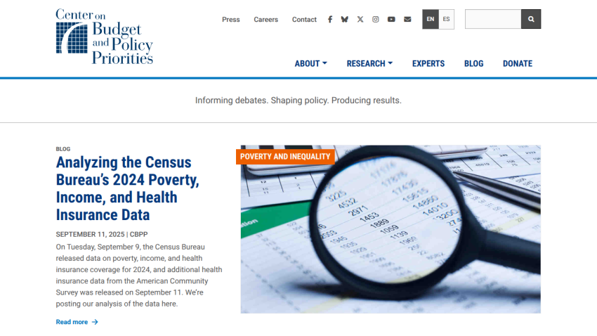 Homepage of the Center on Budget and Policy Priorities featuring a report on poverty and health insurance data.