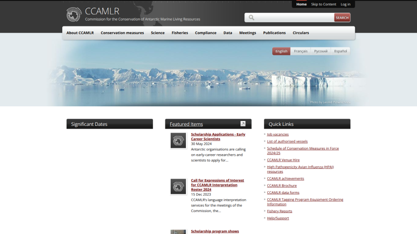 CCAMLR website homepage with navigation menu, Antarctic marine conservation theme, and featured items including scholarship applications and calls for interest