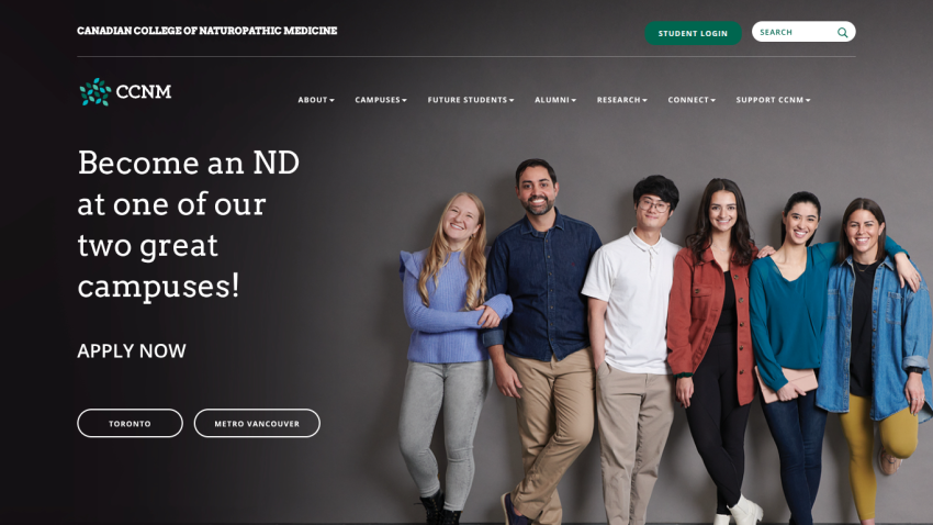 Canadian College of Naturopathic Medicine homepage with call to become an ND at two campuses and apply now buttons
