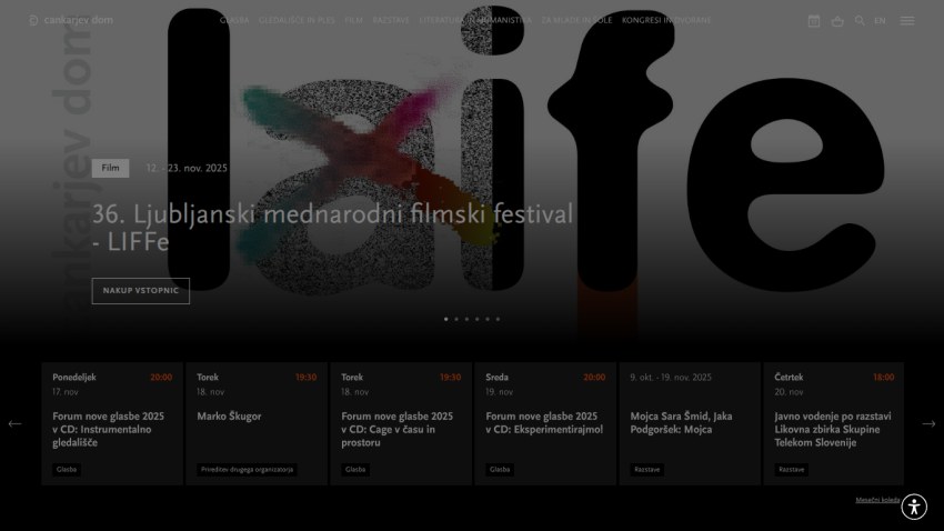 Homepage of Cankarjev dom featuring the 36th Ljubljana International Film Festival event from Nov 12 to 23, 2025, with schedule highlights below