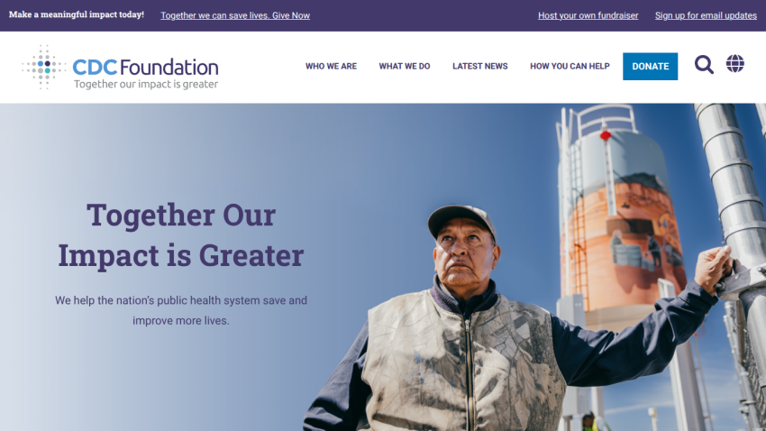 CDC Foundation homepage featuring a man and the text 'Together Our Impact is Greater'.