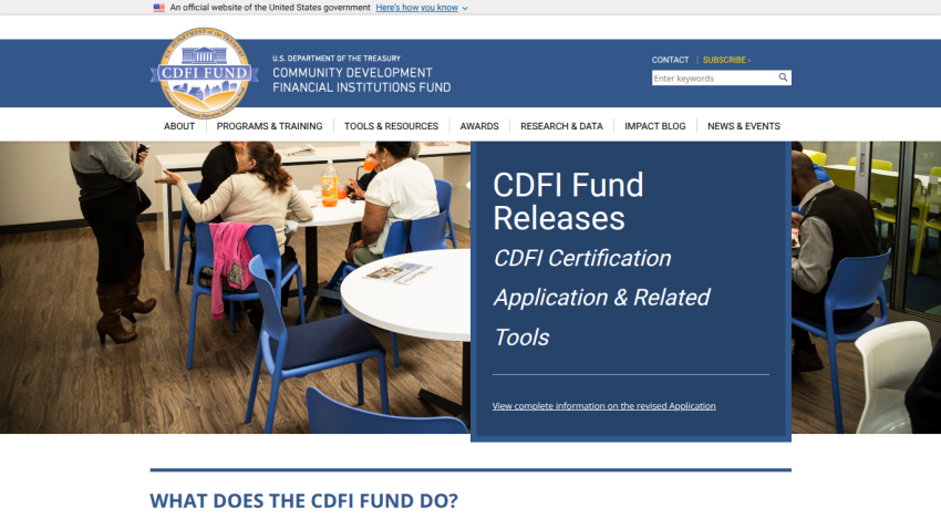 CDFI Fund Releases section with certification and application information.