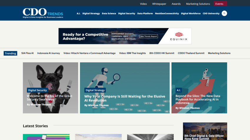 CDO Trends website homepage with navigation, trending topics, and featured articles on AI, digital security, and strategy.