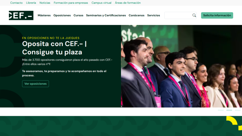 CEF website promoting exam preparation with a group of graduates in the hero section.