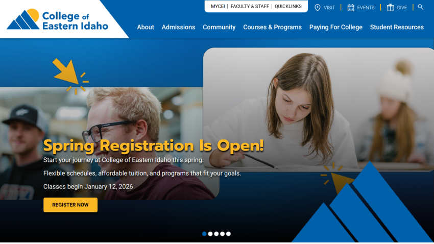 College of Eastern Idaho homepage promoting spring registration with flexible schedules and affordable tuition