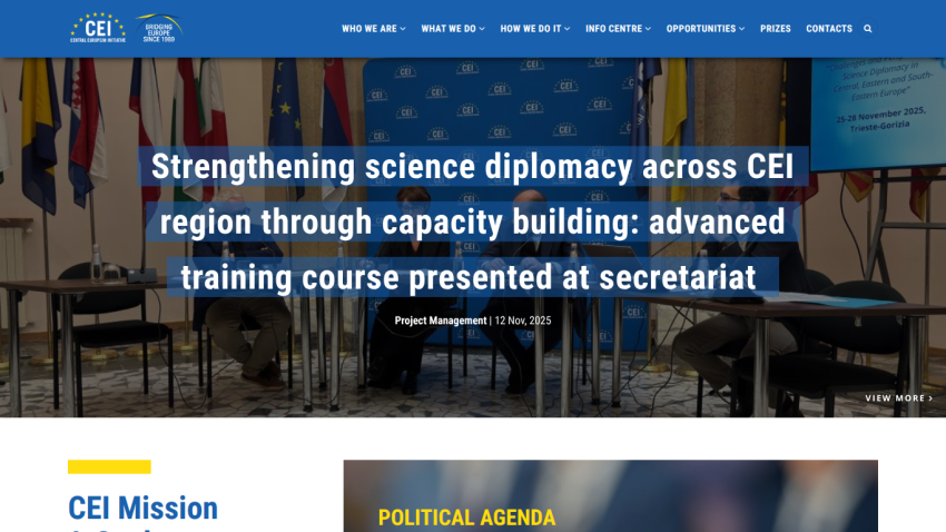 Central European Initiative website with news on strengthening science diplomacy and CEI mission overview