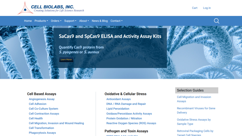 Homepage of Cell Biolabs featuring ELISA and activity assay kits.