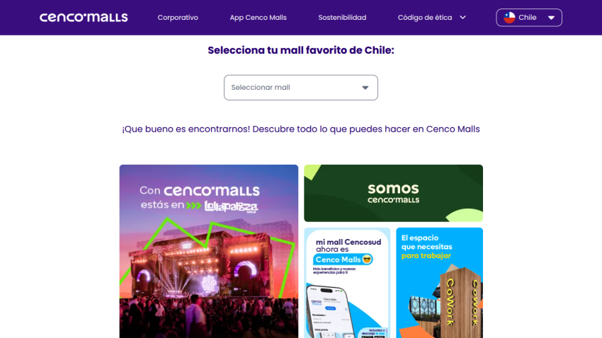 Cenco Malls website with mall selection dropdown, promotional images, and navigation links in Spanish.