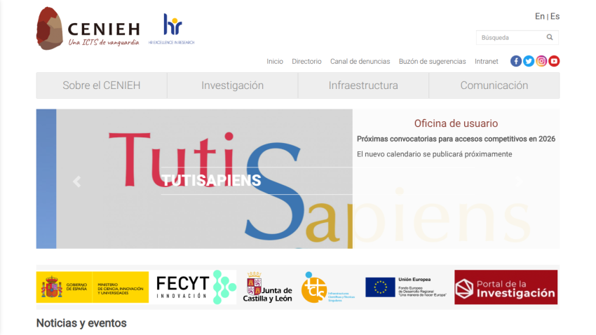 CENIEH research institute homepage with navigation tabs and a hero slider featuring TUTISAPIENS and user office announcements