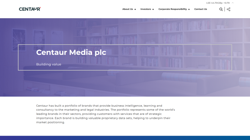 Centaur Media plc homepage with tagline 'Building value' and navigation links at top
