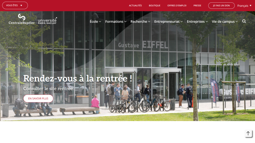 Homepage of a school with a welcome message and a view of students outside the Eiffel building.
