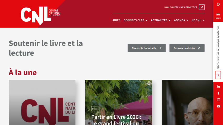 Centre National du Livre homepage supporting books and reading with news highlights and navigation menu