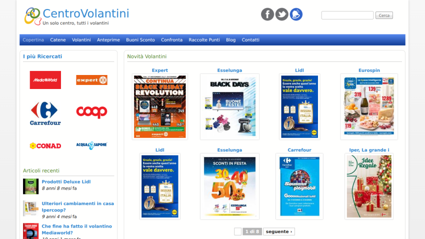 CentroVolantini homepage showing popular store logos and latest flyers for Expert, Esselunga, Lidl, Eurospin, Carrefour, and more