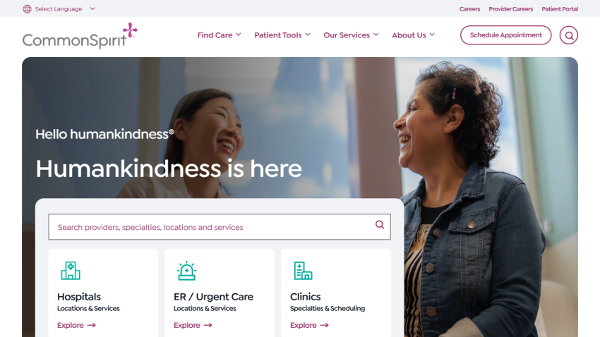 Homepage of CommonSpirit featuring a welcoming message and search bar for healthcare services.