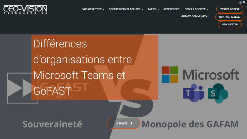 Website comparing organizational differences between Microsoft Teams and GoFAST with navigation and call-to-action buttons