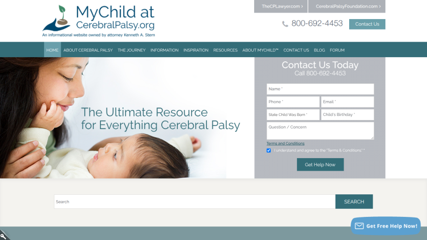 MyChild at CerebralPalsy.org homepage with navigation, hero image of mother and baby, and contact form for help