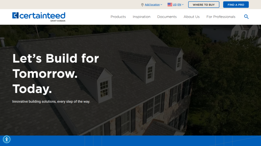 Homepage featuring a tagline about building solutions and a roof image.