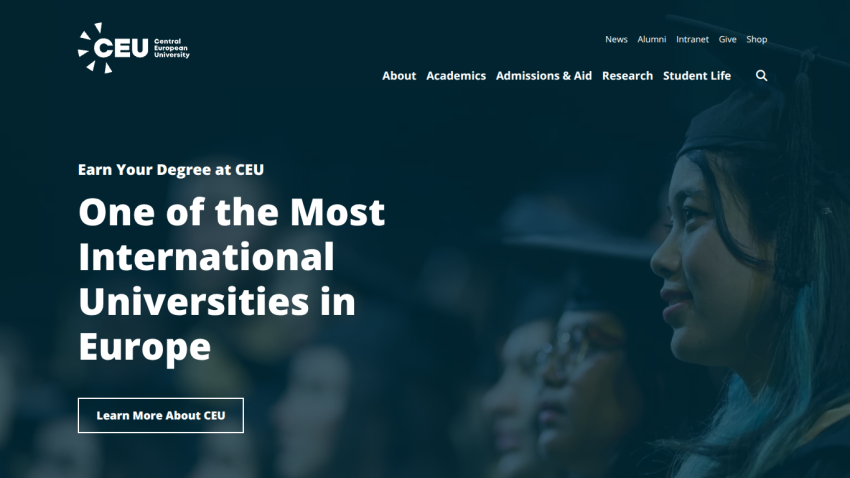 Homepage of CEU featuring a tagline about being an international university in Europe.