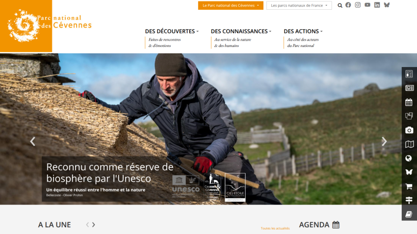 Parc national des Cévennes website with UNESCO biosphere reserve recognition and navigation menu for discoveries, knowledge, and actions