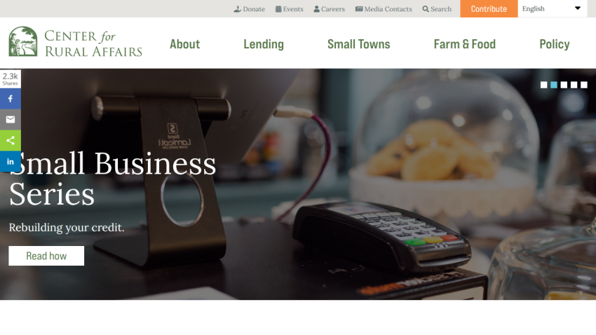 Center for Rural Affairs website with navigation and hero promoting Small Business Series on rebuilding credit