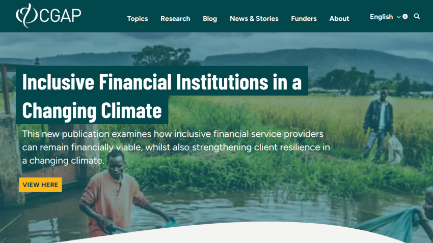 Homepage featuring 'Inclusive Financial Institutions in a Changing Climate' with a call to action button.
