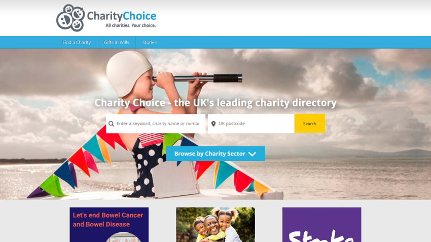 Charity Choice homepage with a child looking through a telescope, search bars for charity and postcode, and navigation links