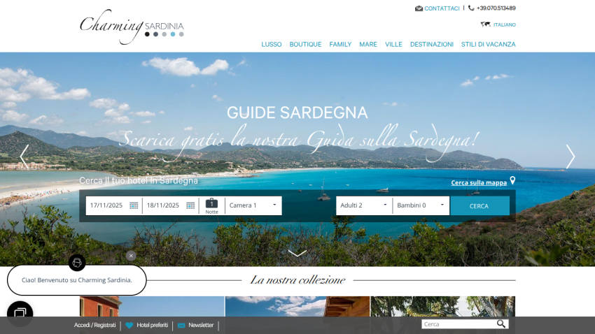 Charming Sardinia website with a scenic beach hero image and hotel search form for dates, rooms, and guests
