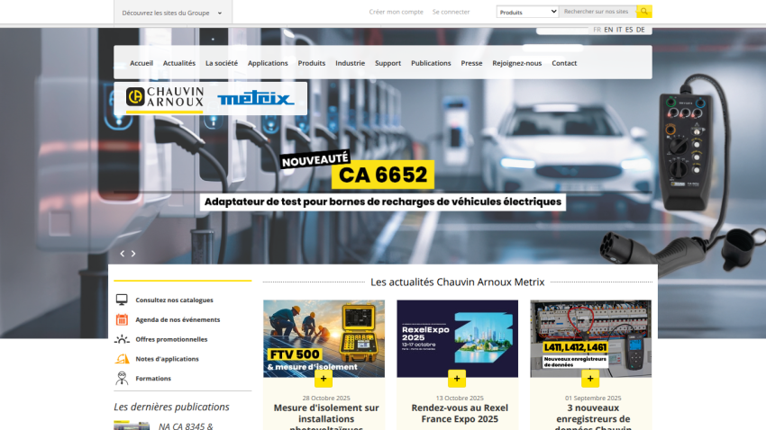 Homepage of Chauvin Arnoux Metrix featuring CA 6652 test adapter for electric vehicle charging stations and news on products and events