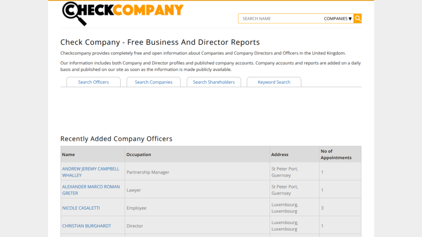 Check Company homepage displaying business and director reports with recently added company officers.